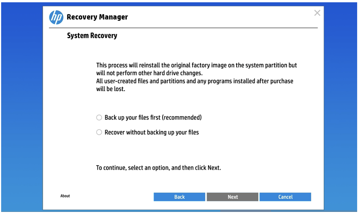 If you have backed up your files, select Recover without backing up your files and click Next when you see the Recovery Manager window